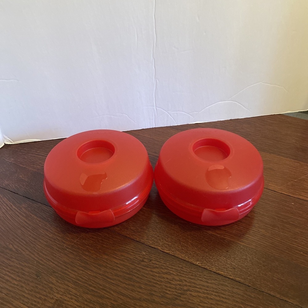 Tupperware 2 Round Bagel Sandwich Salad Keepers Hinge‎  Red 4440